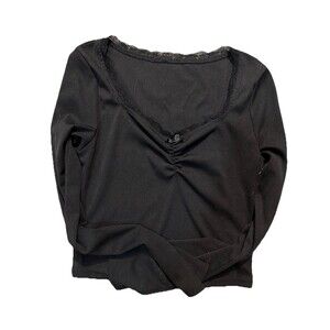 SHEIN Black Ribbed Crop Top Small Lace Sweetheart Neck Long Sleeve Slim Fit
